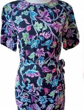 VINTAGE  80s Liz Claiborne 100% Silk Floral Print Lined Sheath Dress Embossed 2